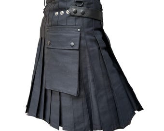 Men's Black Cotton, Leather Straps, Fashion Sport Utility Kilt, Adjustable Sizes