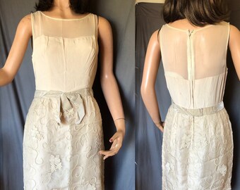 1950s Neutral Beige Sheer Dress / Embroidered 1950s dress / Nude Dress