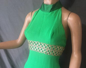 Stunning 1970s Brilliant Green Caged Back Gown