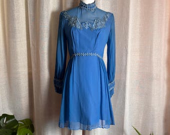 Vintage 1960s Blue Chiffon Floral Appliqué High Neck Sheer Sleeve Mini Dress