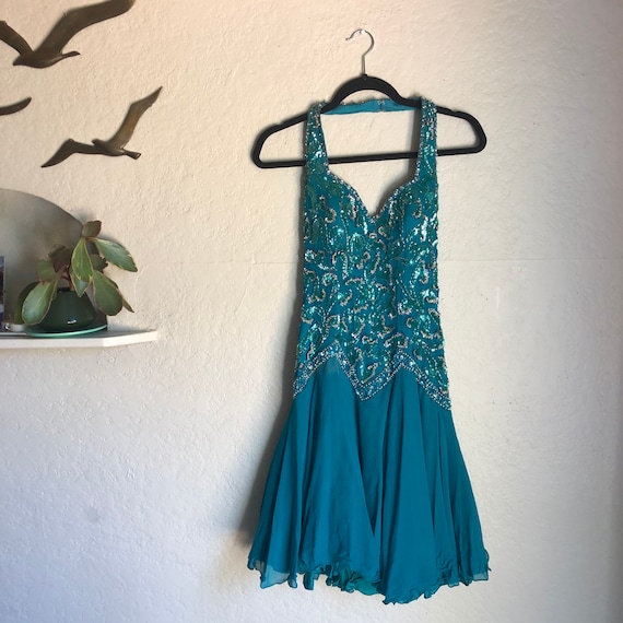 Vintage 1990s TED LAPIDUS PARIS Teal Sequin Halter
