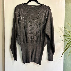 Vintage 1980s Escada Batwing Sweater with Beaded Abstract Floral Design