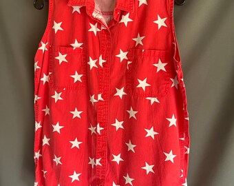 Vintage 90s Sleeveless Button Down Star Pattern Shirt