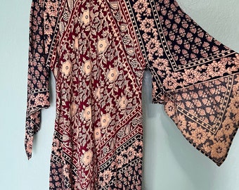 1970s Vintage Pakistani Cotton Block Print  Bell Sleeve Maxi Dress Kaftan Loose Fit Sizing M-XL