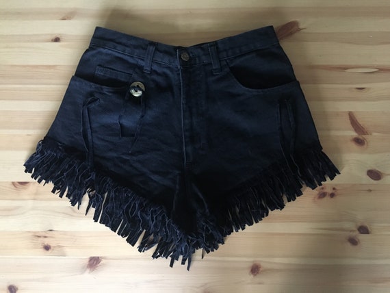 Black high-waisted fringe denim shorts 
