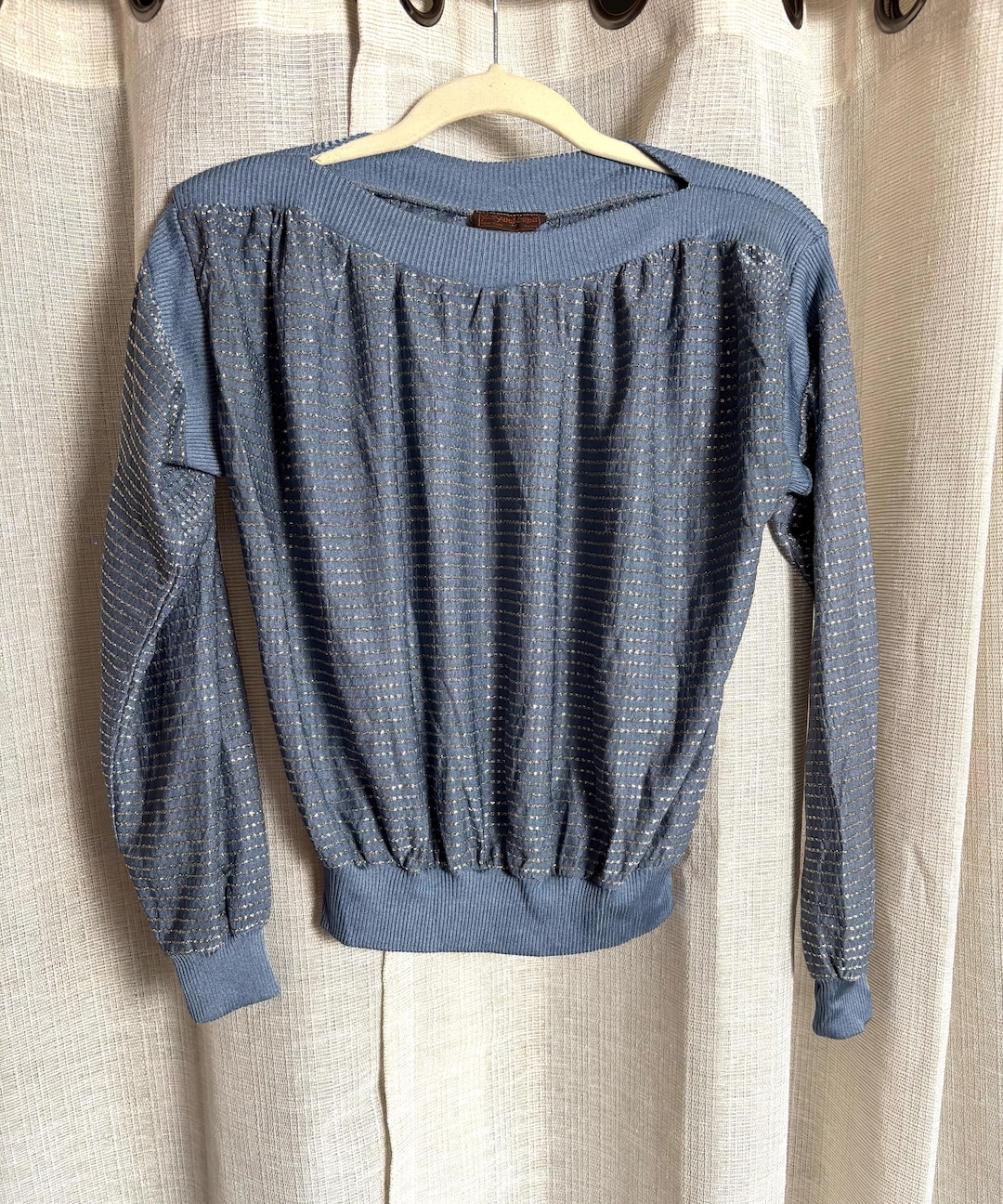 Vintage Yves Saint Laurent Blue Metallic Knit Disco Era Blouse