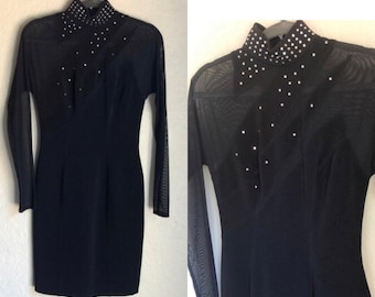 1990s Black Stretch Bodycon Dress with Sheer Panelling and Rhinestone Embellishments/ Mobwife Dress