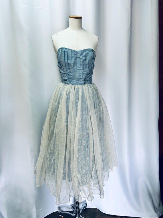 1950s blue cocktail dress 1950s Blue Lace & Tulle Party Dress