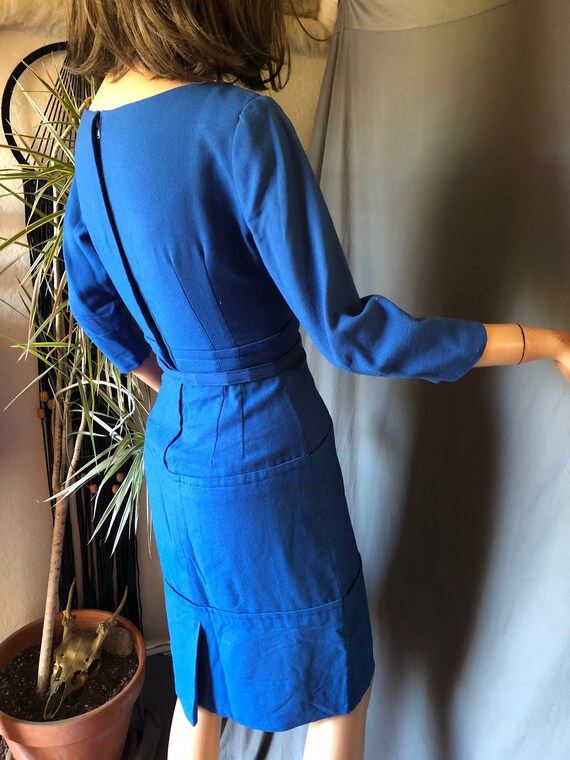 Vintage 1950s Belted Blue Wool Blend Sheath Dress… - image 5