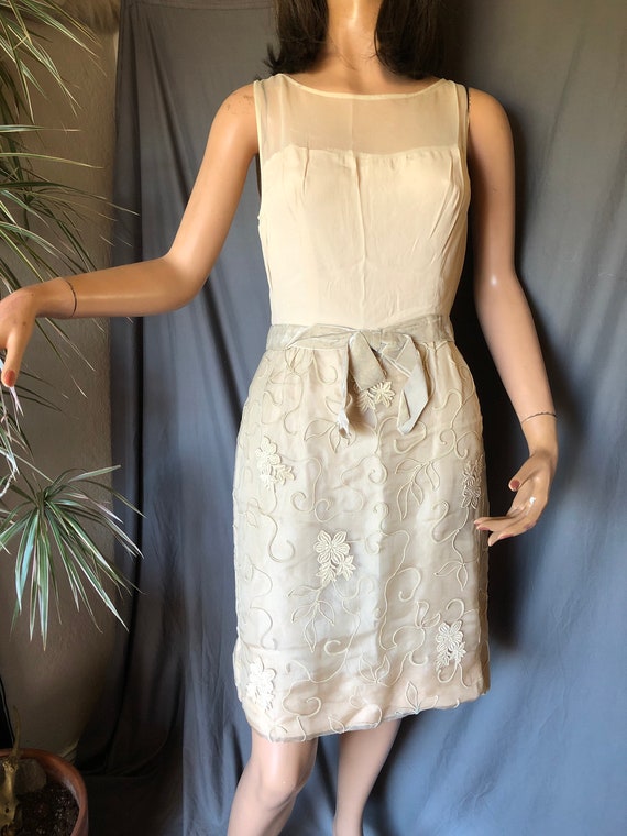 1950s Neutral Beige Sheer Dress / Embroidered 195… - image 2