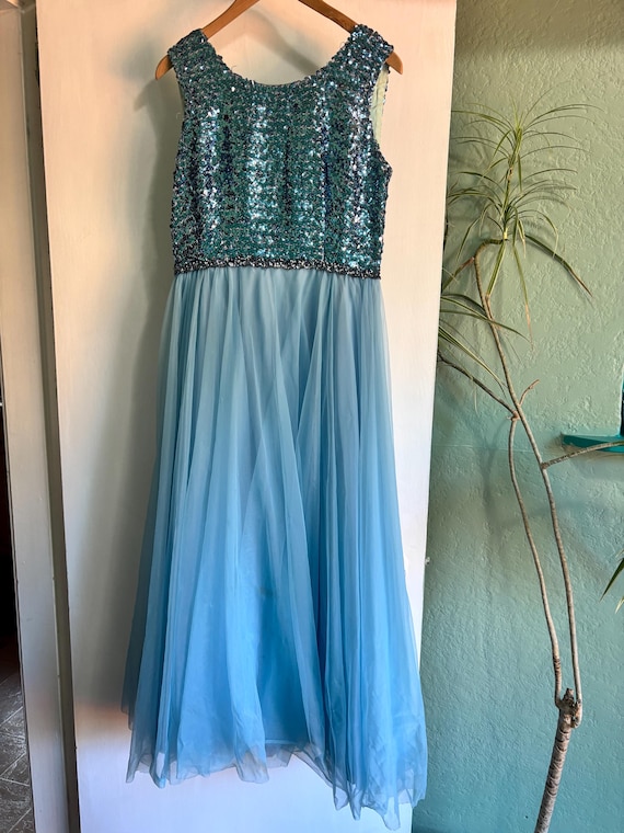 Vintage 1960s Blue Sequin Bodice Evening Gown Sleeveless Formal