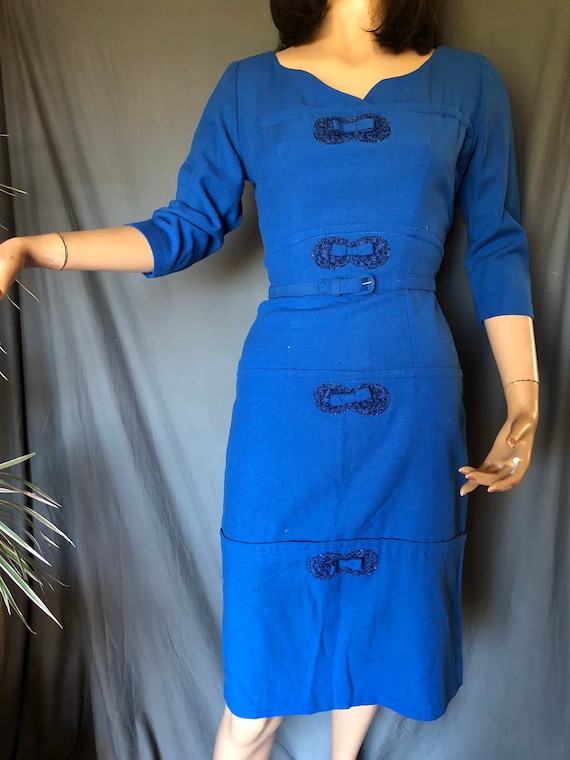 Vintage 1950s Belted Blue Wool Blend Sheath Dress… - image 3