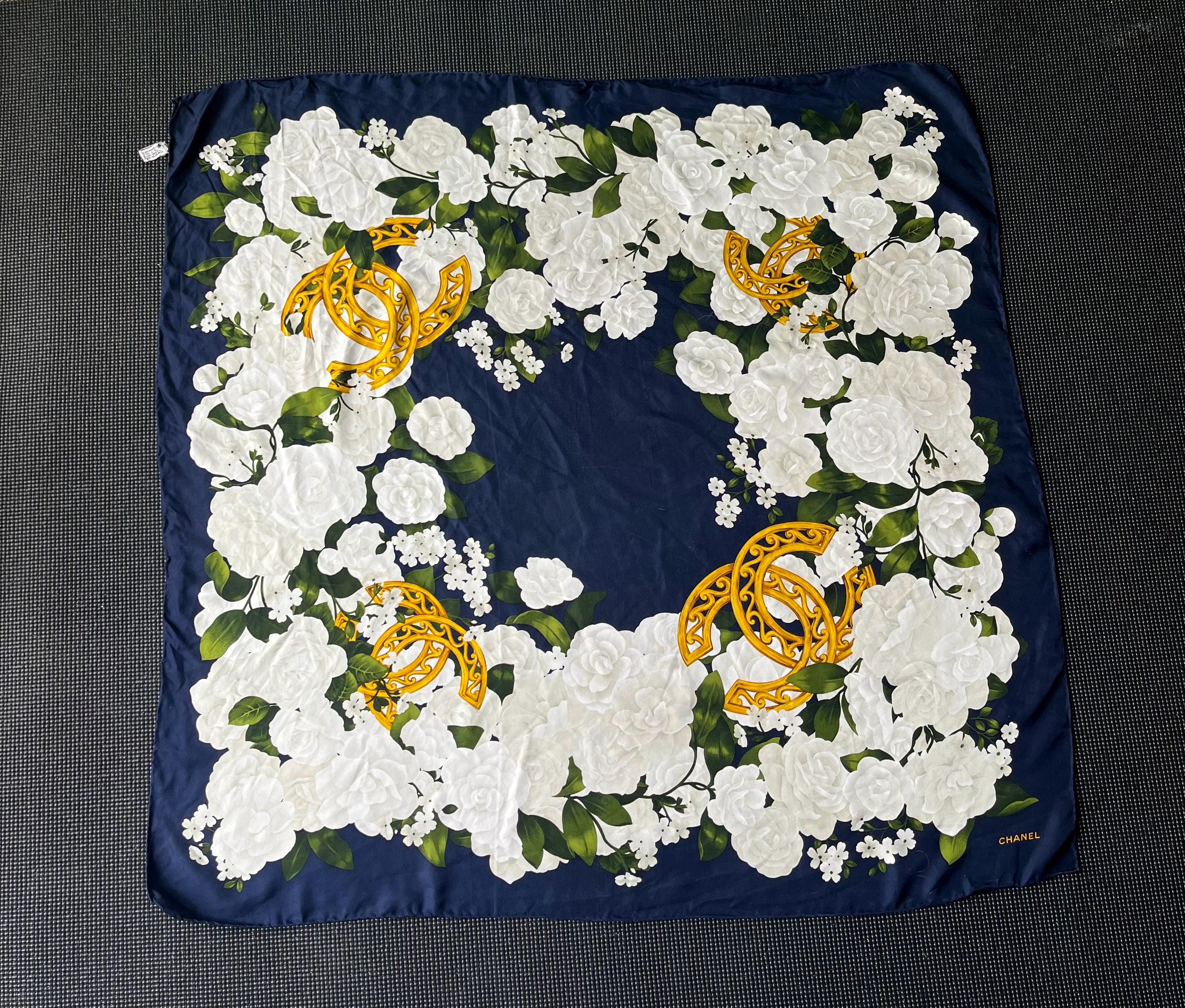 Vintage Chanel Silk Handkerchief / Chanel Silk Scarf Navy