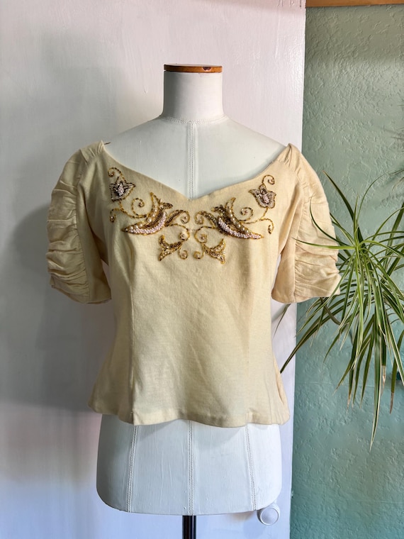 Vintage 1940s Pearl & Gold Beaded Cream Wool Blouse with Ruched Sleeve Detail *Flaw*