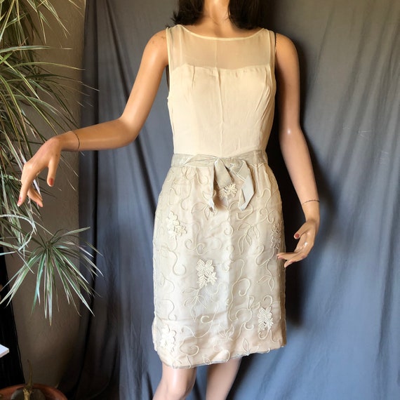 1950s Neutral Beige Sheer Dress / Embroidered 195… - image 5