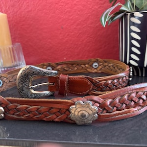 Braided Red Leather Belt with Decorative Silver Conchos Red leather womens western style braided belt with silver  main image 3