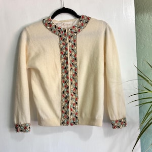 Vintage 1960s Beaded & Jeweled Cream Lambswool Cardigan – Made in Hong Kong