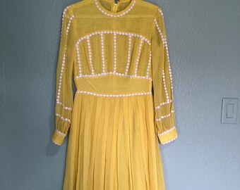 Stunning 1960s Yellow Knee High Long Sleeve Dress with Embroidered Dot detail