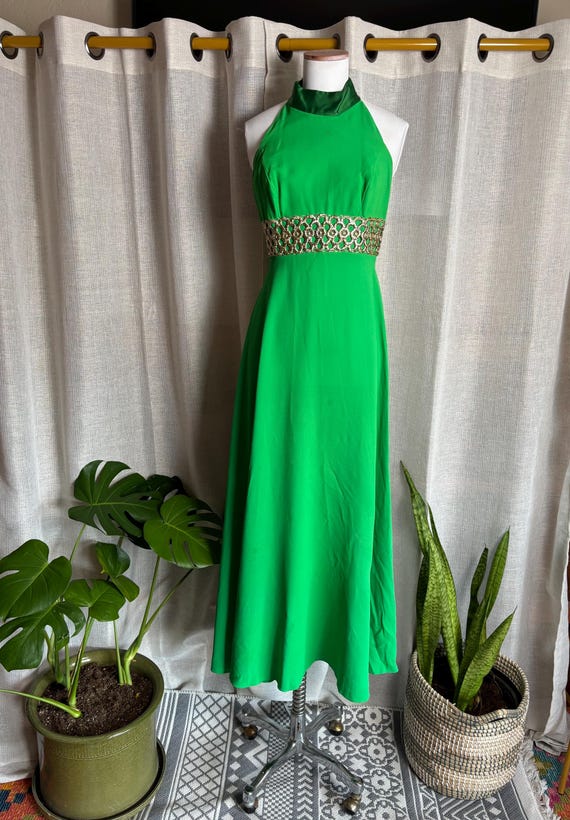 emerald green and cream dress 1970s Halter Maxi With Caged Back emerald green dress for wedding guest