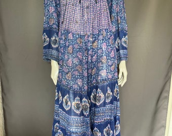 Vintage INDIAN COTTON GAUZE 1970s Peasant Sleeve Boho Hippy Ethnic Festival Dress