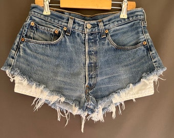 Vintage 90s Levis 501 XX Distressed Frayed High Waisted Cut Off Jean Shorts sz 28 29 30