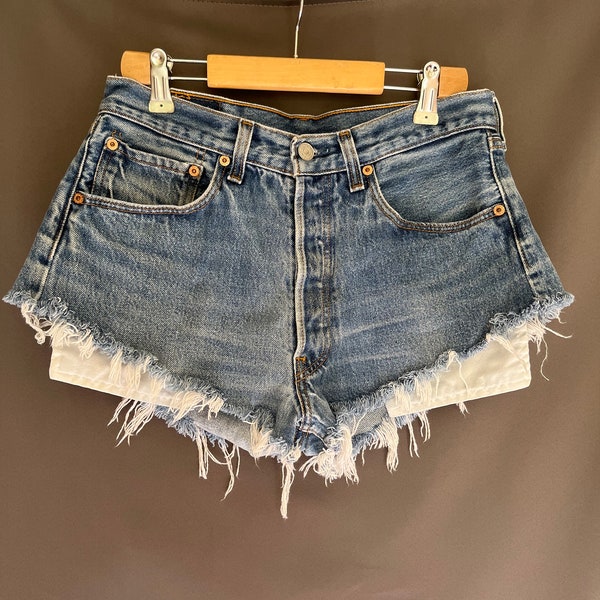 Vintage 90s Levis 501 XX Distressed Frayed High Waisted Cut Off Jean Shorts sz 28 29 30