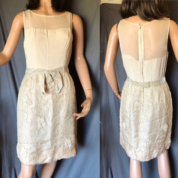 1950s Neutral Beige Sheer Dress / Embroidered 195… - image 1