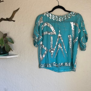 Vintage Sequin and Silk Sky Blue Blouse with Silver Sequins / Women’s size medium/ Beaded Blouse / Indian Blouse