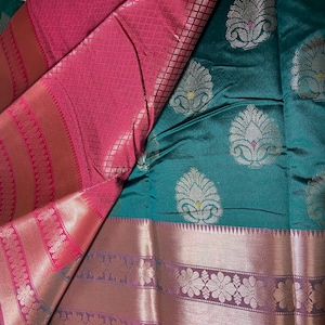 Beautiful Super soft Kanchi Tusser Silk Saree (Dark Teal & Pink)