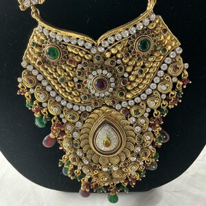 Beautiful Green and Red Pearl and Ruby /Gold stone CZ Dimond Bridal Long Necklace Haram