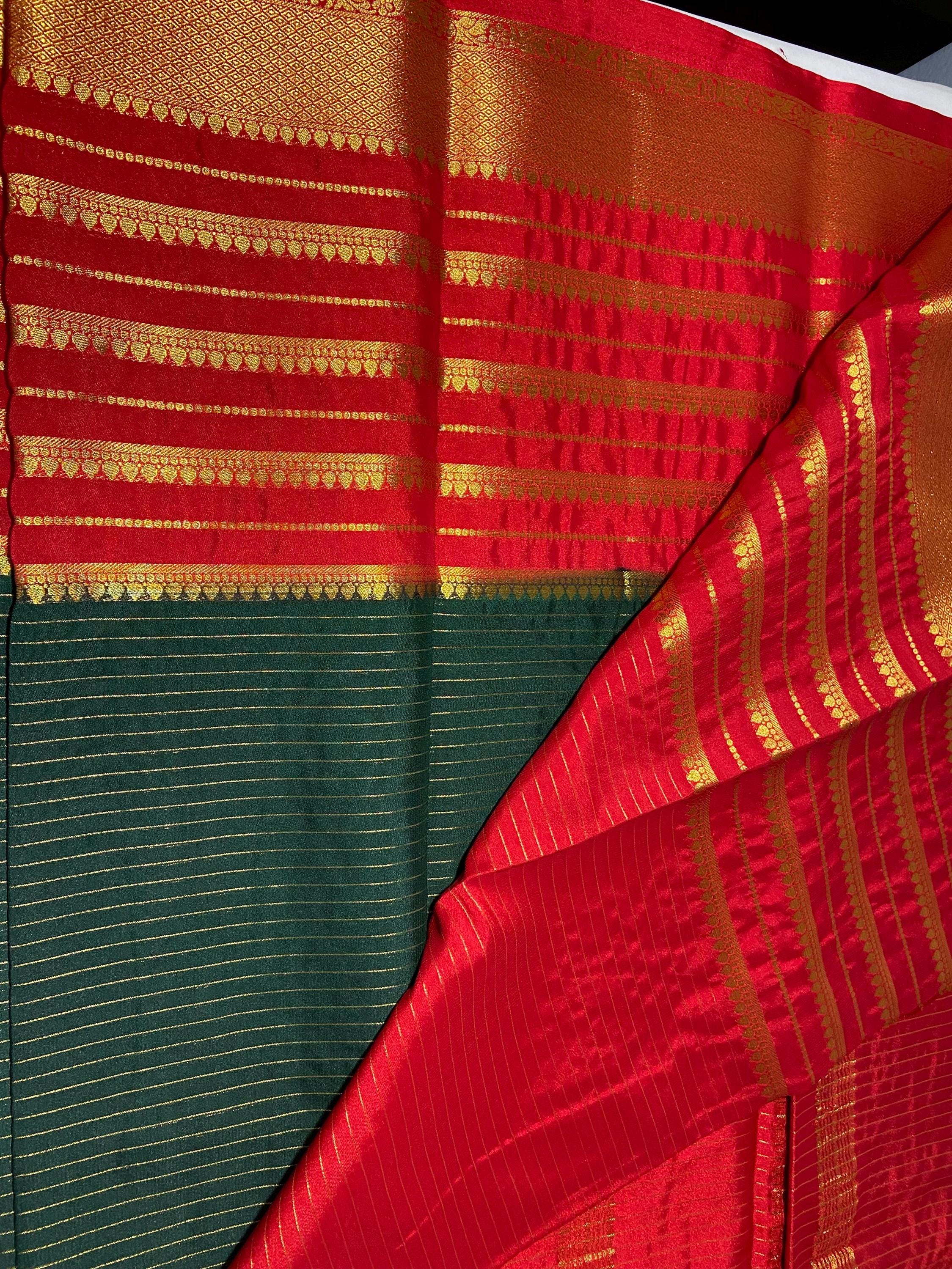 Schöne Super Soft Bangalore Seide Saree (Tiefgrün / Rot)