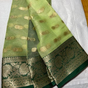 Magnifique sari en organza semi-soie super doux (Vert citron/Vert)