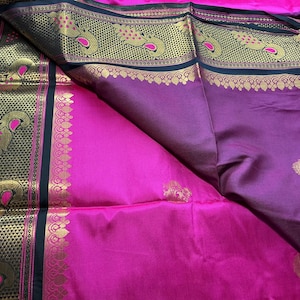 Hermoso sari de seda Kanjivaram Paithani súper suave (magenta/negro)