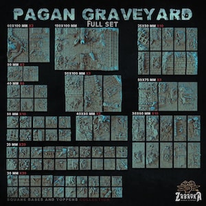 Puede incluir: Una colección de bases y cubiertas en miniatura de Pagan Graveyard, con varios tamaños y cantidades. El conjunto incluye piezas que van desde 20 mm hasta 150x100 mm, con diseños detallados y texturizados. El texto "Pagan Graveyard" y "Full Set" son visibles.