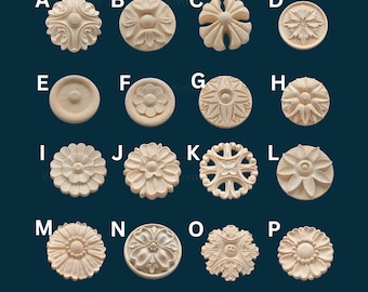 1pc Round Rosettes Applique Onlay,Flower Wood Carving Natural Wood Appliques, Unpainted Square Wood Applique Onlay, Cabinet Unpainted Wooden