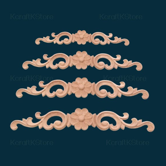 Long Vintage wood carving corner applique decorations, Unpainted Wood Carved Applique Onlay, Long Applique Door Bed Decorative Flower