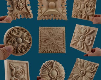 Retro molding wood applique wood sticker, Flower Wood Carving Natural Wood Appliques, Unpainted Square Wood Applique Onlay,Furniture Carving