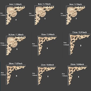 May include: A collection of nine wooden corner appliques in various sizes. The appliques feature ornate, carved designs with floral and scroll motifs. Sizes range from 2.36 inches to 9.84 inches. The appliques are a light wood color.
