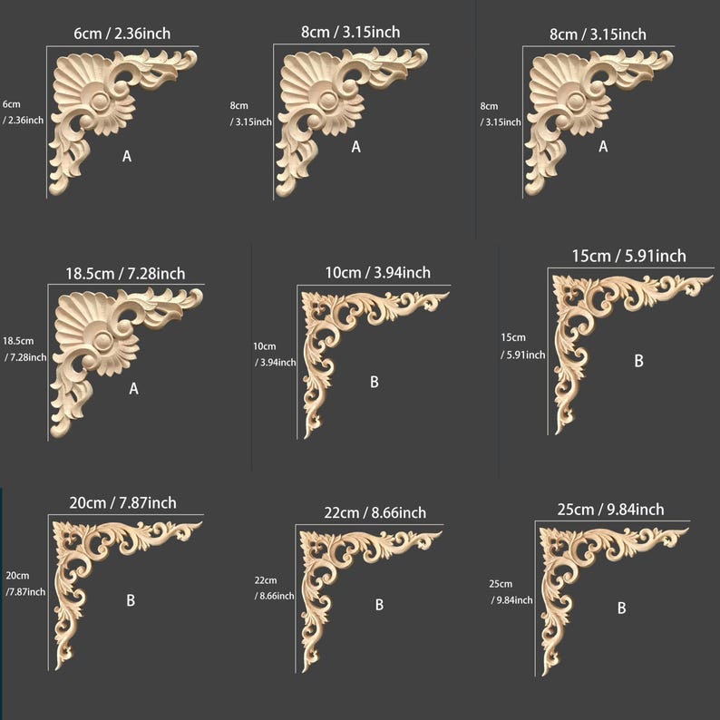 May include: A collection of nine wooden corner appliques in various sizes. The appliques feature ornate, carved designs with floral and scroll motifs. Sizes range from 2.36 inches to 9.84 inches. The appliques are a light wood color.