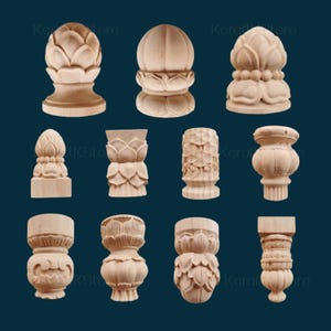 May include: A collection of eleven unfinished wooden decorative architectural elements. The pieces feature various carved designs, including floral and geometric patterns. The natural wood color and intricate details highlight the craftsmanship. These elements are suitable for home decor or woodworking projects.