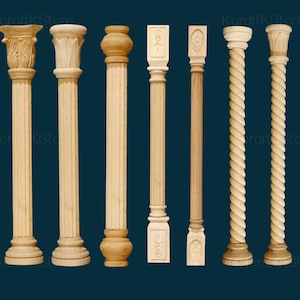 May include: A collection of seven unfinished wooden columns with various decorative tops and bases. The columns vary in style, including fluted, carved, and spiral designs. The columns are displayed against a dark teal background.