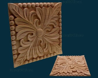 1 Piece Retro molding wood applique wood sticker, Flower Wood Carving Natural Wood Appliques, Unpainted Square Wood Applique Onlay