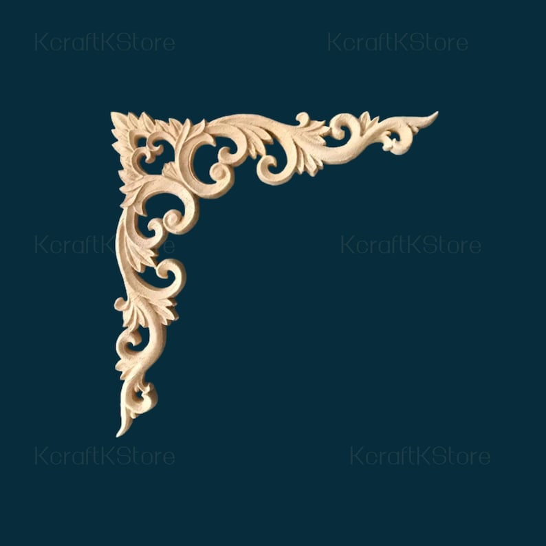 May include: A corner wood carving with an ornate, symmetrical design. The carving features scrolling leaf and floral patterns, with a natural wood finish. The piece is designed to fit a right angle and is likely for decorative purposes.