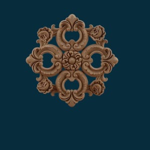 May include: A decorative wooden rosette with a floral design. The rosette has a brown finish and features intricate details, including a central flower and four smaller flowers around the edges.