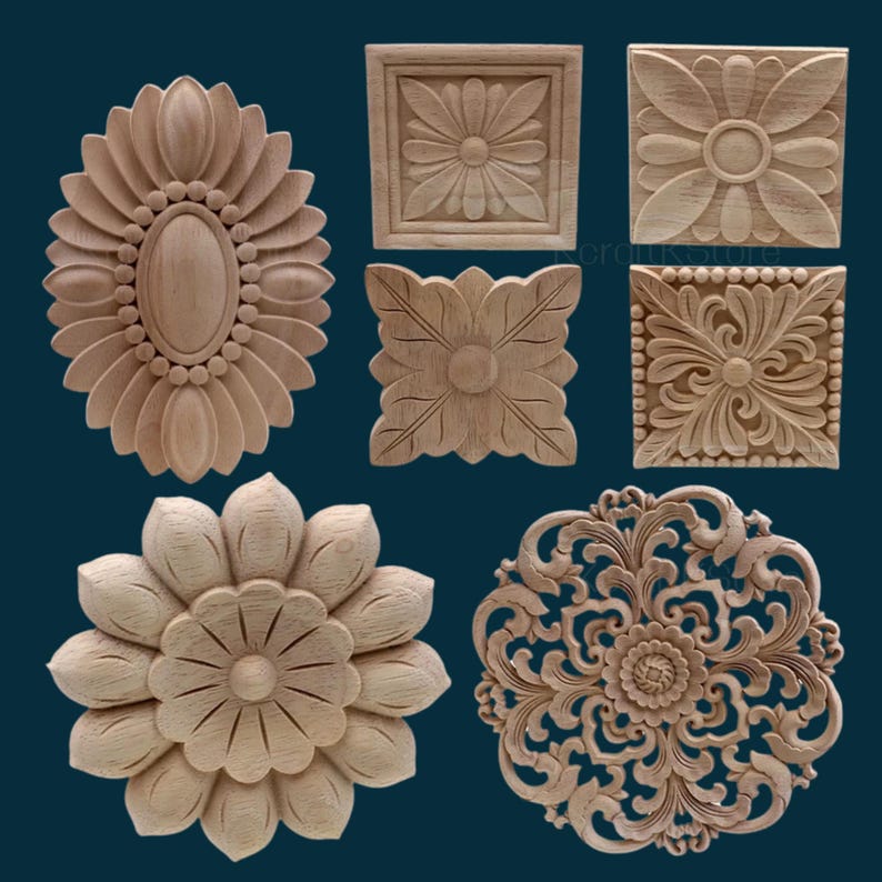 May include: Set of six wooden wall decor pieces featuring intricate floral designs. The pieces are carved from wood and have a natural finish. They are ideal for adding a touch of elegance to any room.