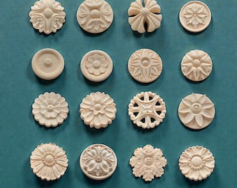 Round Rosettes Applique Onlay,Flower Wood Carving Natural Wood Appliques, Unpainted Square Wood Applique Onlay, Cabinet Unpainted Wooden