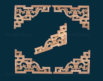 Vintage Wood Carved Corner Wood Applique, Only Wood Carved Unpainted Figurines, Classical-style hardwood acanthus cabinet onlays