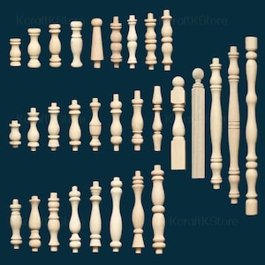 May include: A collection of unfinished wooden spindles and balusters in various sizes and designs. The pieces are light-colored and appear to be made of natural wood, perfect for craft projects or home decor. The arrangement showcases a variety of shapes and styles.