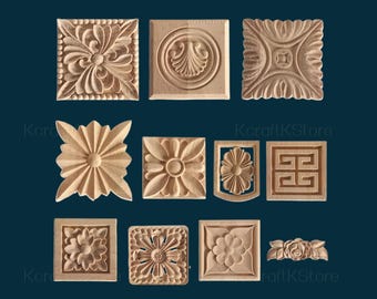 Unpainted Exquisite square, Flower Wood Carving Natural Wood Appliques, Unpainted Square Wood Applique Onlay