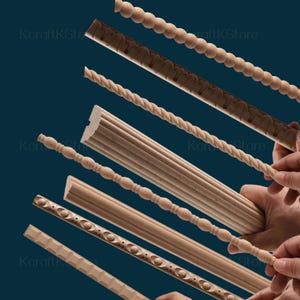 May include: Assortment of wooden trim molding pieces with various decorative patterns and styles. The trim is unfinished and ready to be painted or stained.